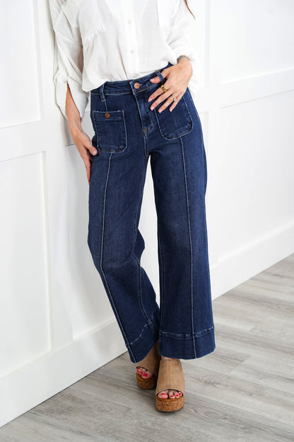 Risen Working Overtime High Rise Dark Wash Patch Pocket with Front Pintuck Wide Leg Jeans