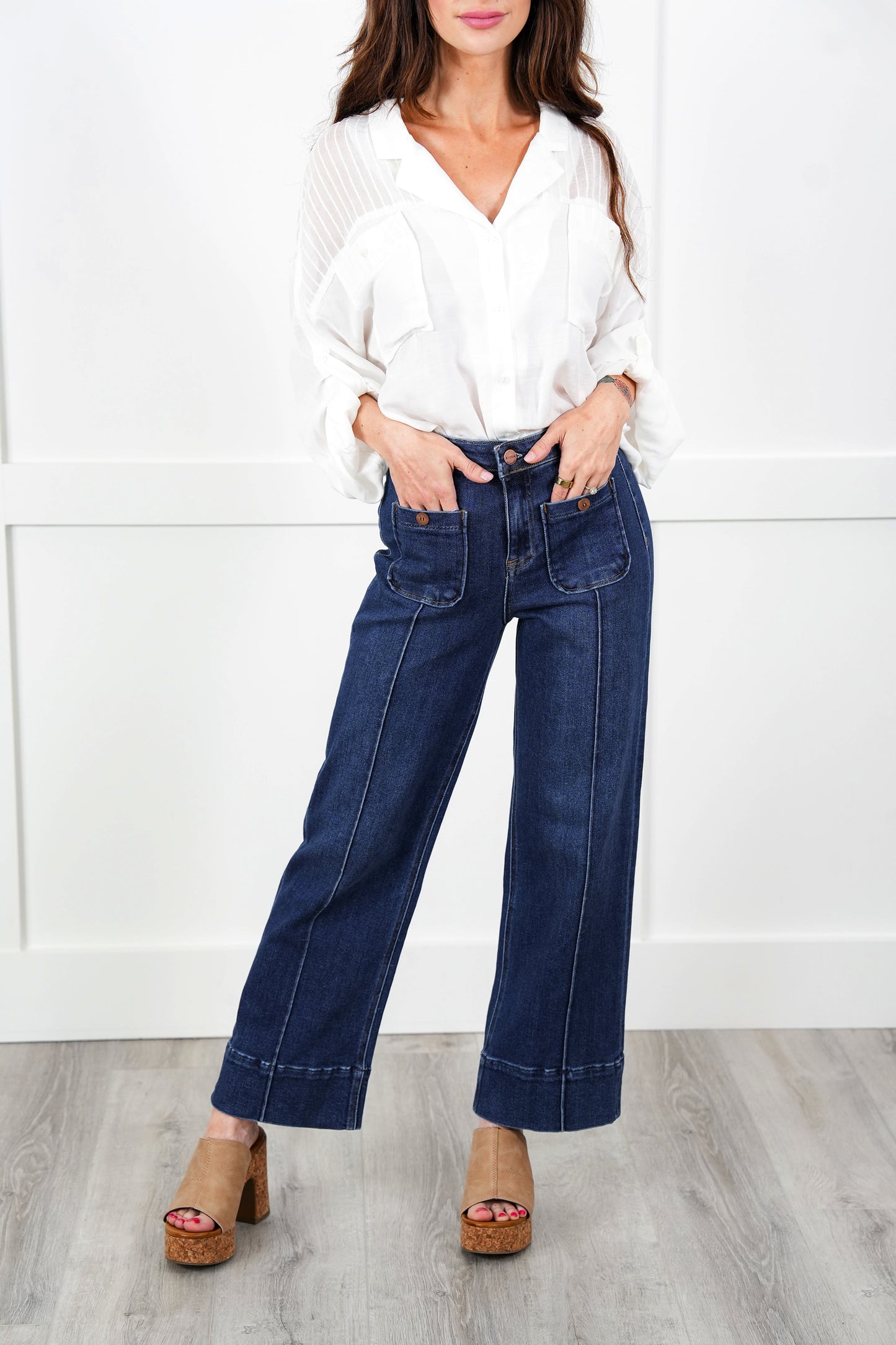 Risen Working Overtime High Rise Dark Wash Patch Pocket with Front Pintuck Wide Leg Jeans