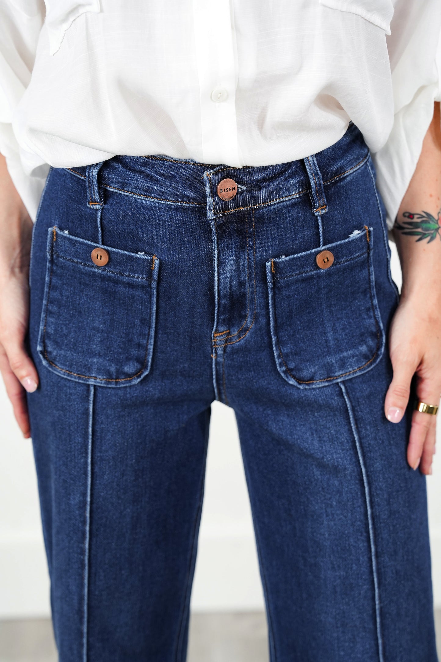 Risen Working Overtime High Rise Dark Wash Patch Pocket with Front Pintuck Wide Leg Jeans