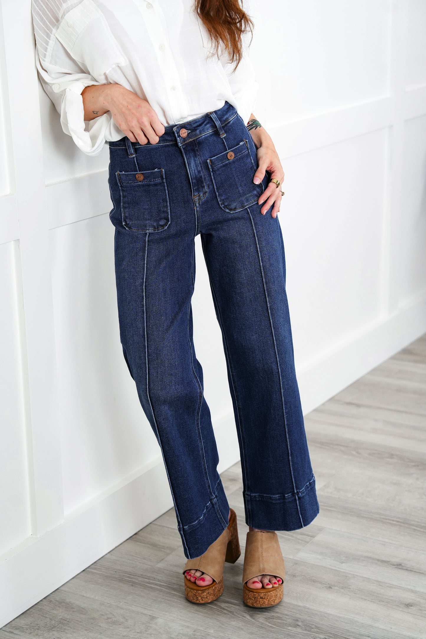Risen Working Overtime High Rise Dark Wash Patch Pocket with Front Pintuck Wide Leg Jeans