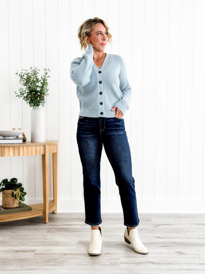 Risen Dark Wash High Rise Cropped Straight Leg Jeans