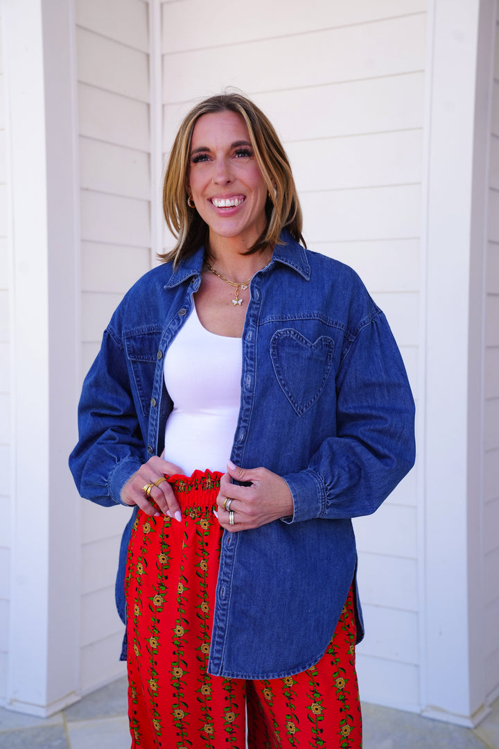 Dark Denim Long Sleeve Button Down Shacket with Heart Pocket Detail