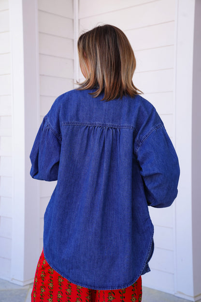 Dark Denim Long Sleeve Button Down Shacket with Heart Pocket Detail