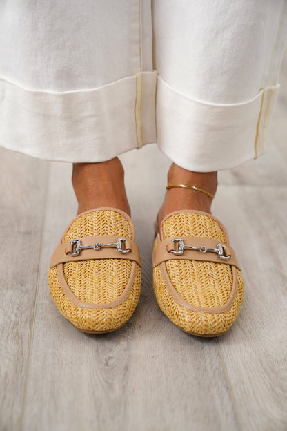 MIA Woven Raffia Mule Loafers with Metal Buckle