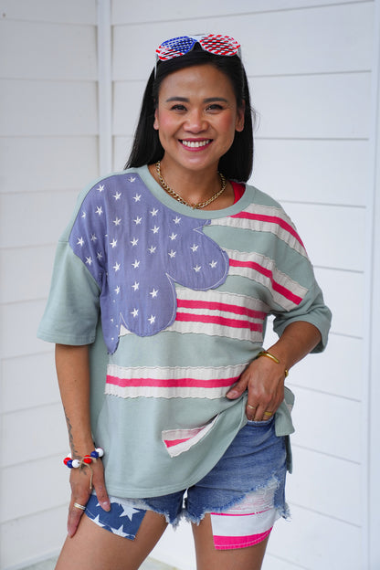 Stars And Stripes Patch Short Sleeve Terry Knit Top