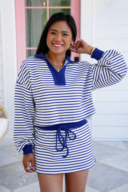 Blue Stripe Long Sleeve Pullover Crop Top