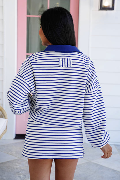 Blue Stripe Long Sleeve Pullover Crop Top
