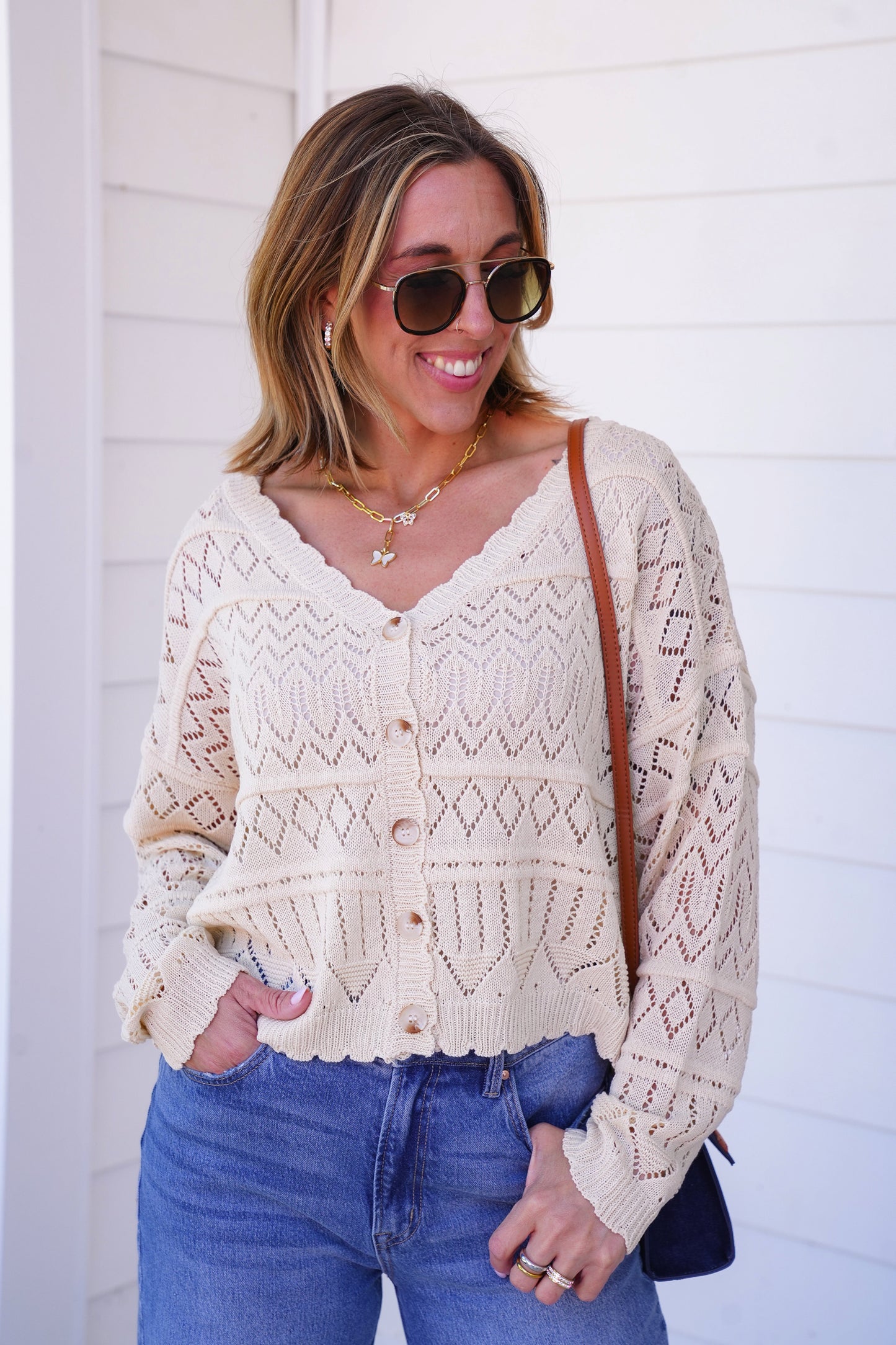 Plus/Reg Beige Loose Knit long Sleeve Button Down Cardigan