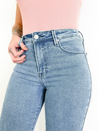 Risen Medium Wash High Rise Slim Straight Jeans With Rhinestones