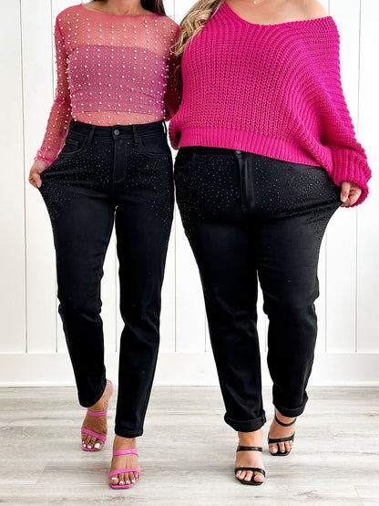 Judy Blue Frost Yourself High Rise Black Rhinestone Embellished Slim Jeans
