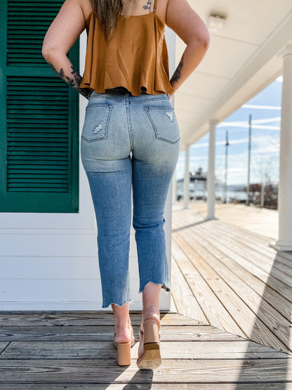 Judy Blue  Look At Me Now Medium Wash Mid Rise Distressed Cropped Straight Leg Jeans