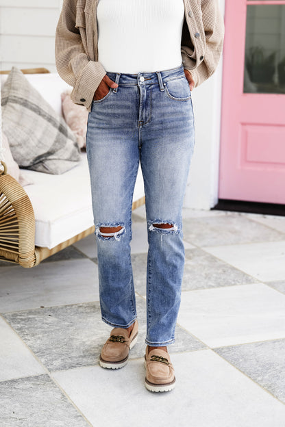 Risen  Trophy Wife High Rise Medium Wash Ankle Slim Straight Leg