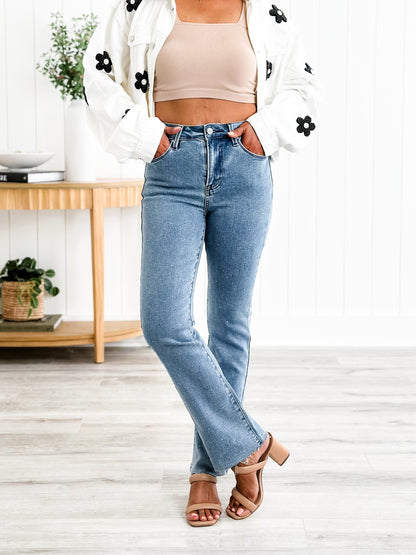 Risen Medium Wash High Rise Slim Straight Jeans With Rhinestones