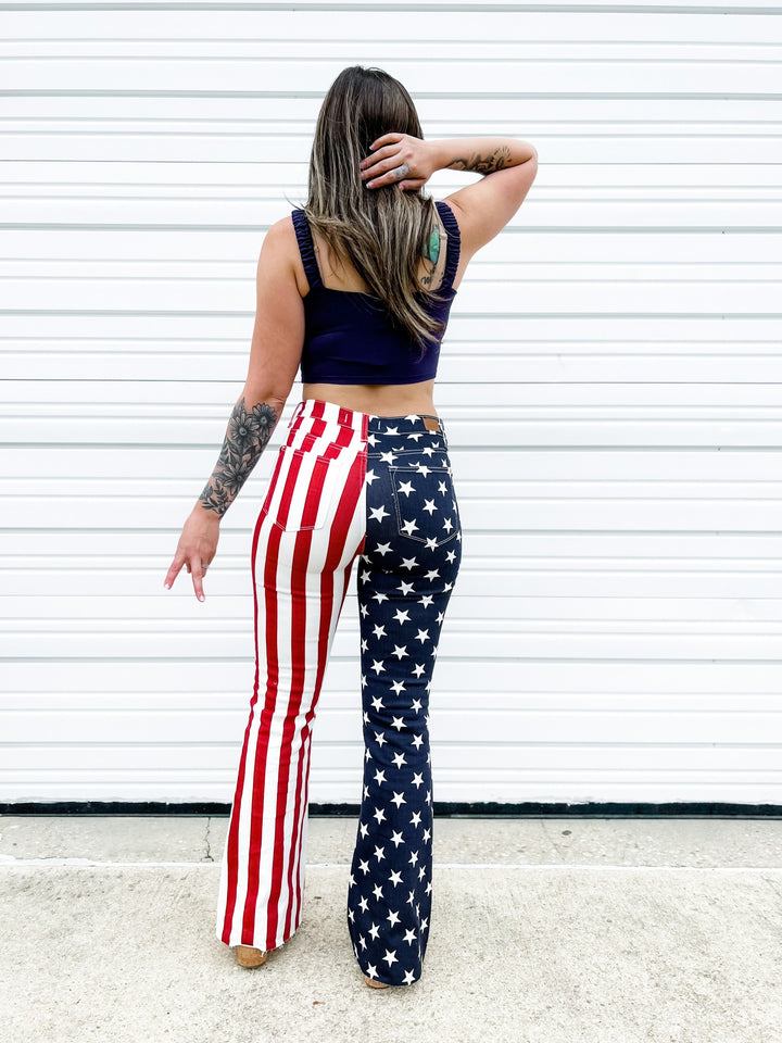 Judy Blue High Rise Stars and Stripes Print Raw Hem Flare Jeans