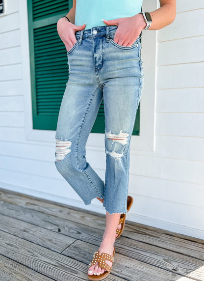 Judy Blue  Look At Me Now Medium Wash Mid Rise Distressed Cropped Straight Leg Jeans