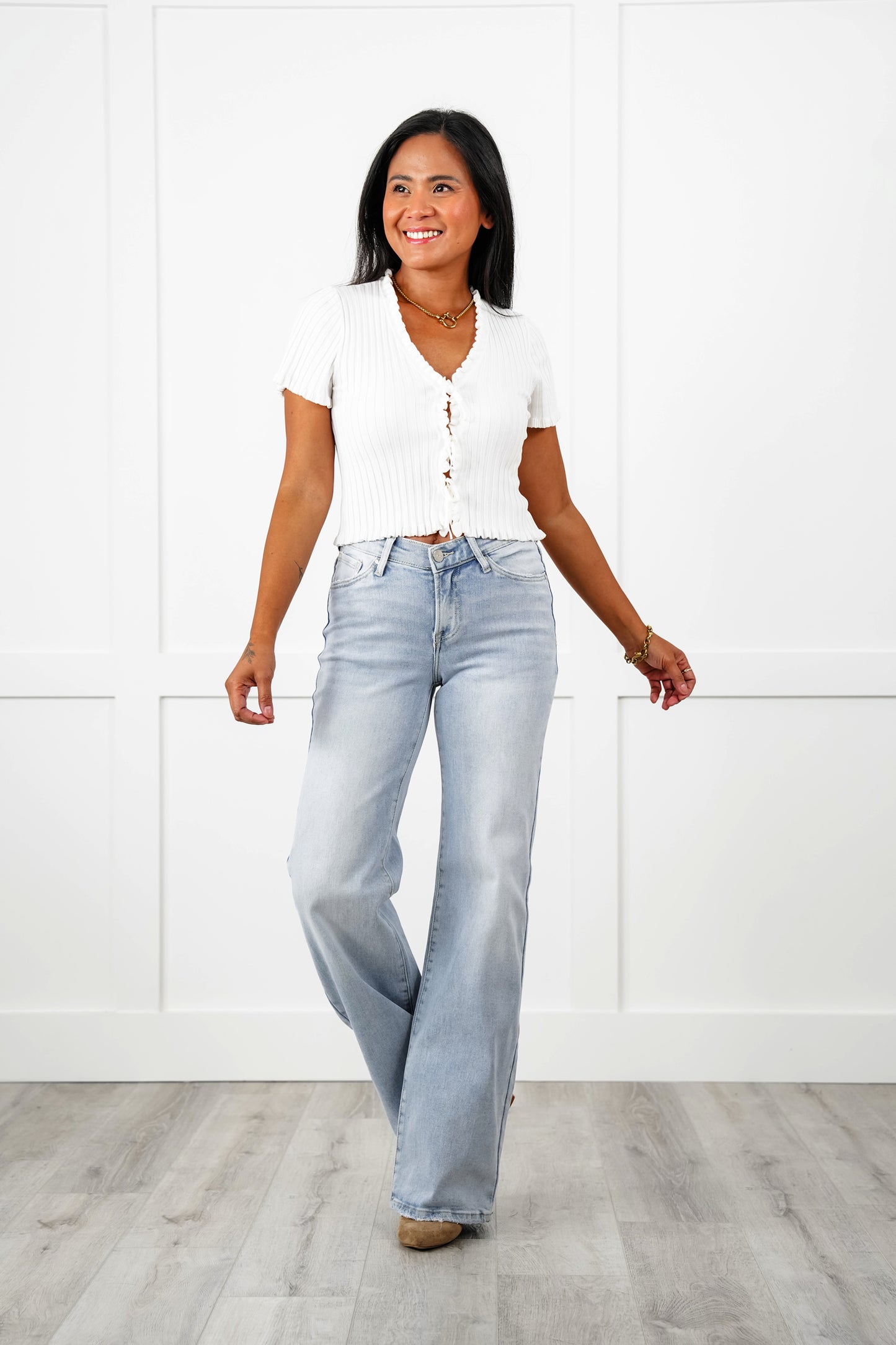 Risen Low Rise Light Wash V Dipped Wide Leg Jeans