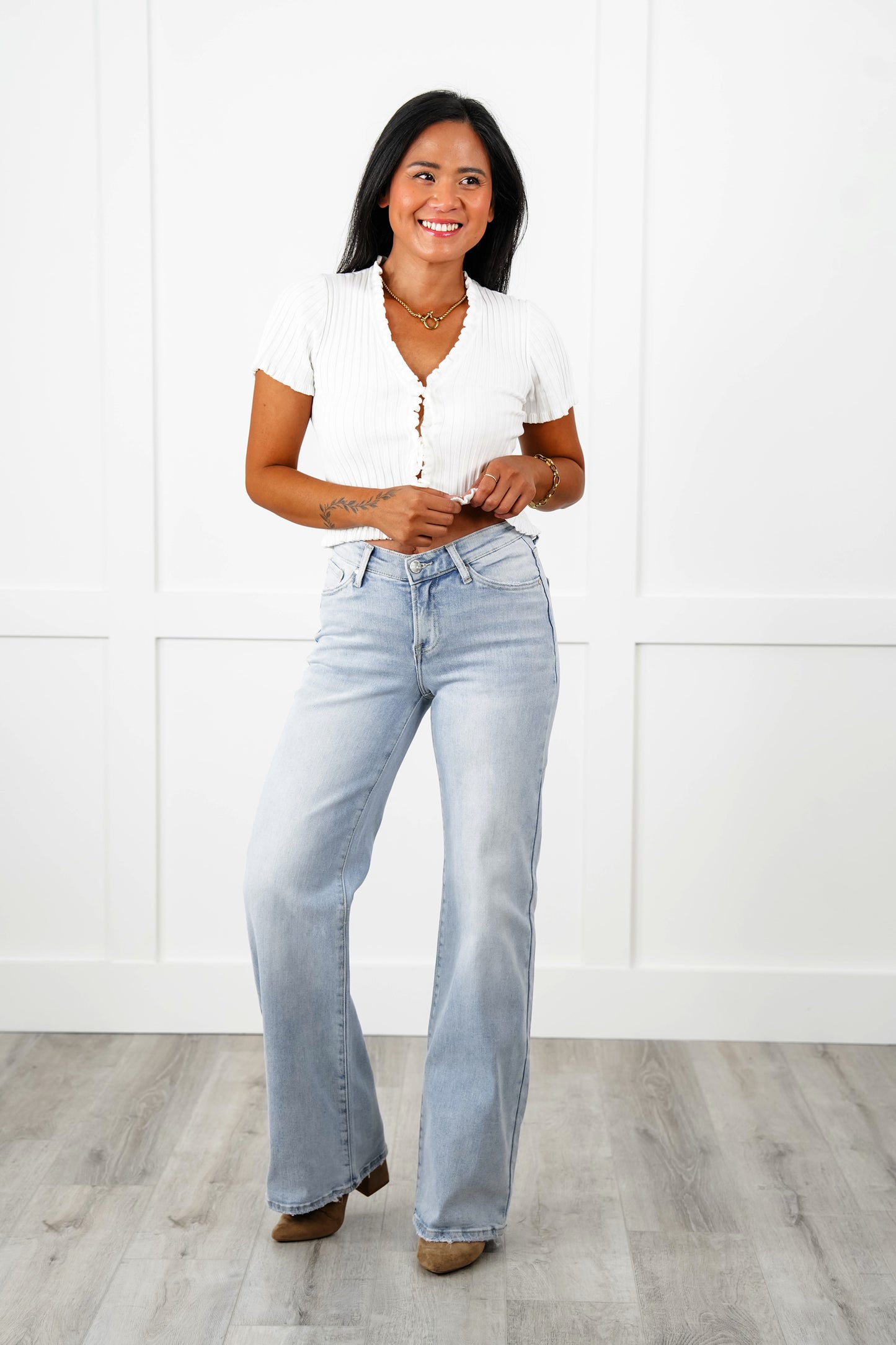 Risen Low Rise Light Wash V Dipped Wide Leg Jeans