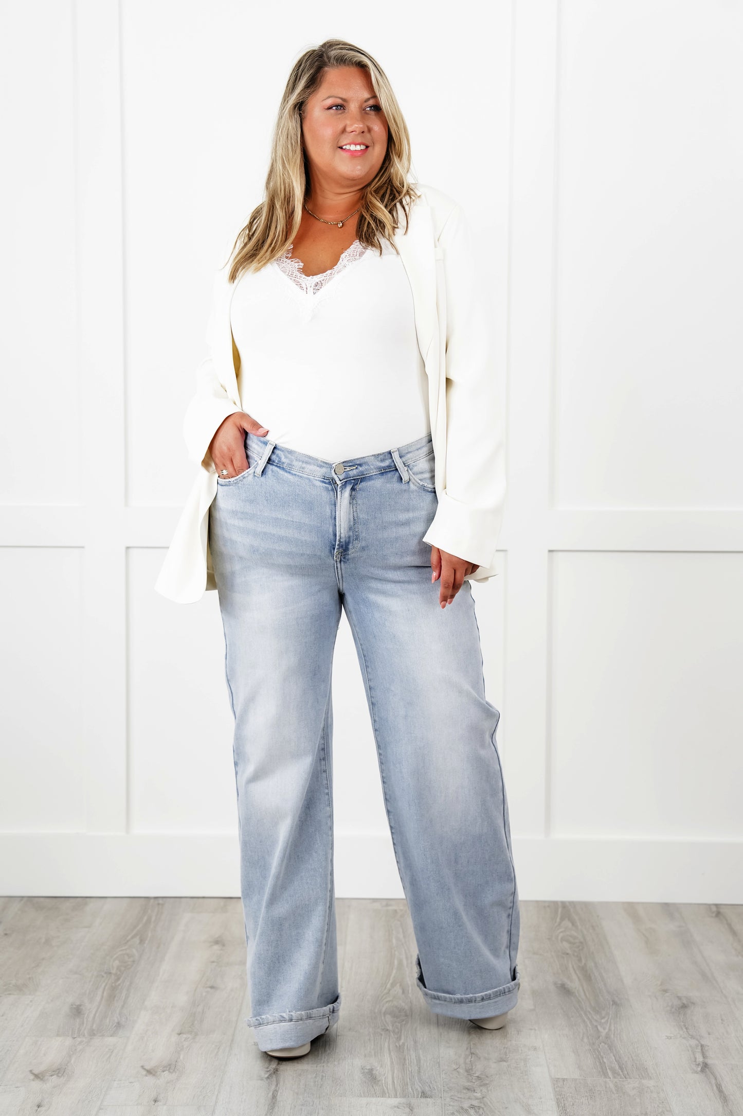 Risen Low Rise Light Wash V Dipped Wide Leg Jeans