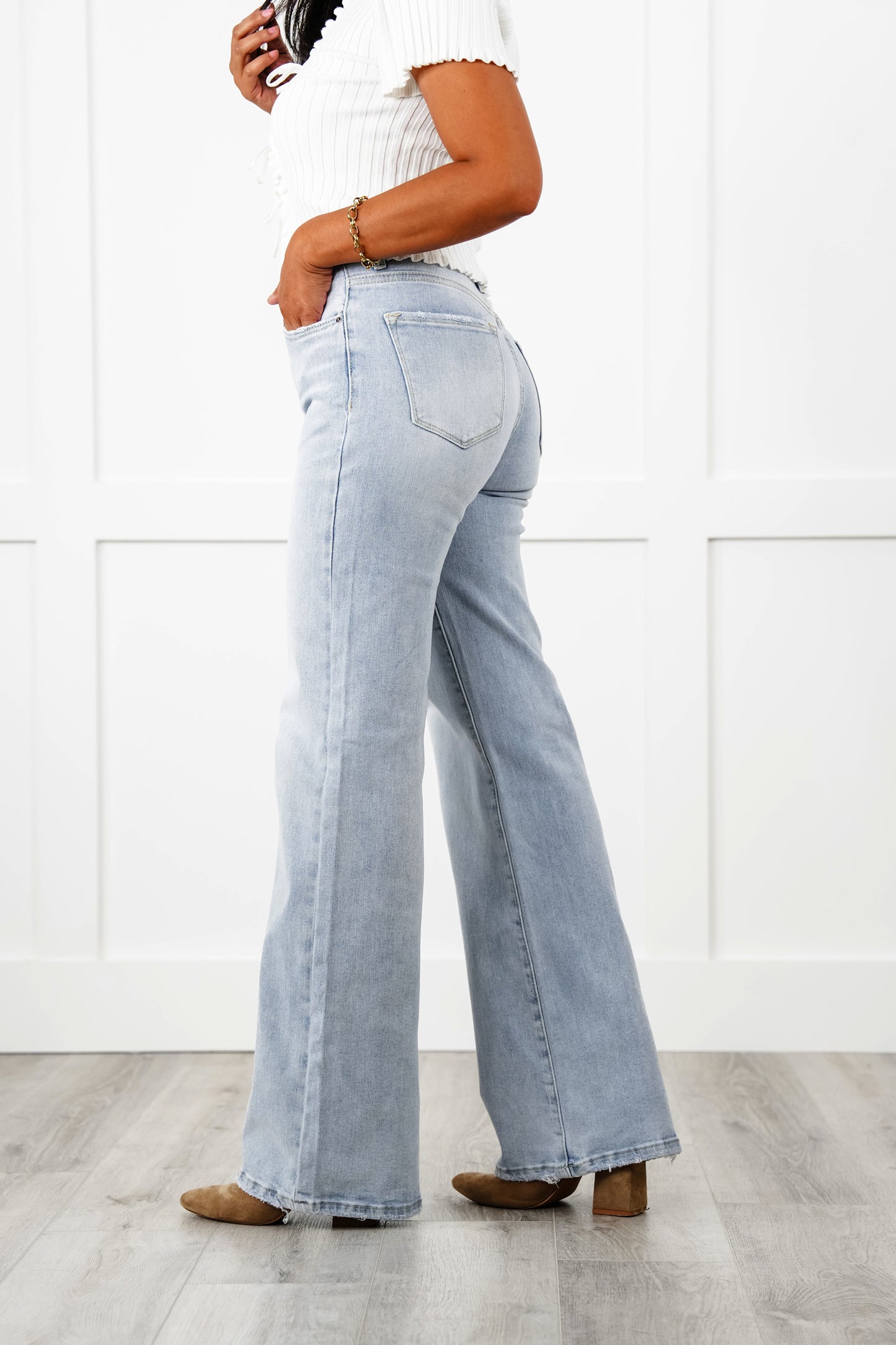 Risen Low Rise Light Wash V Dipped Wide Leg Jeans