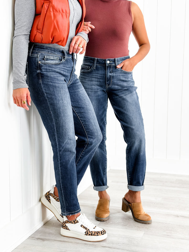 Judy Blue My Favorite Boyfriend Mid Rise Dark Wash Non Distressed Cuffed Boyfriend Jeans