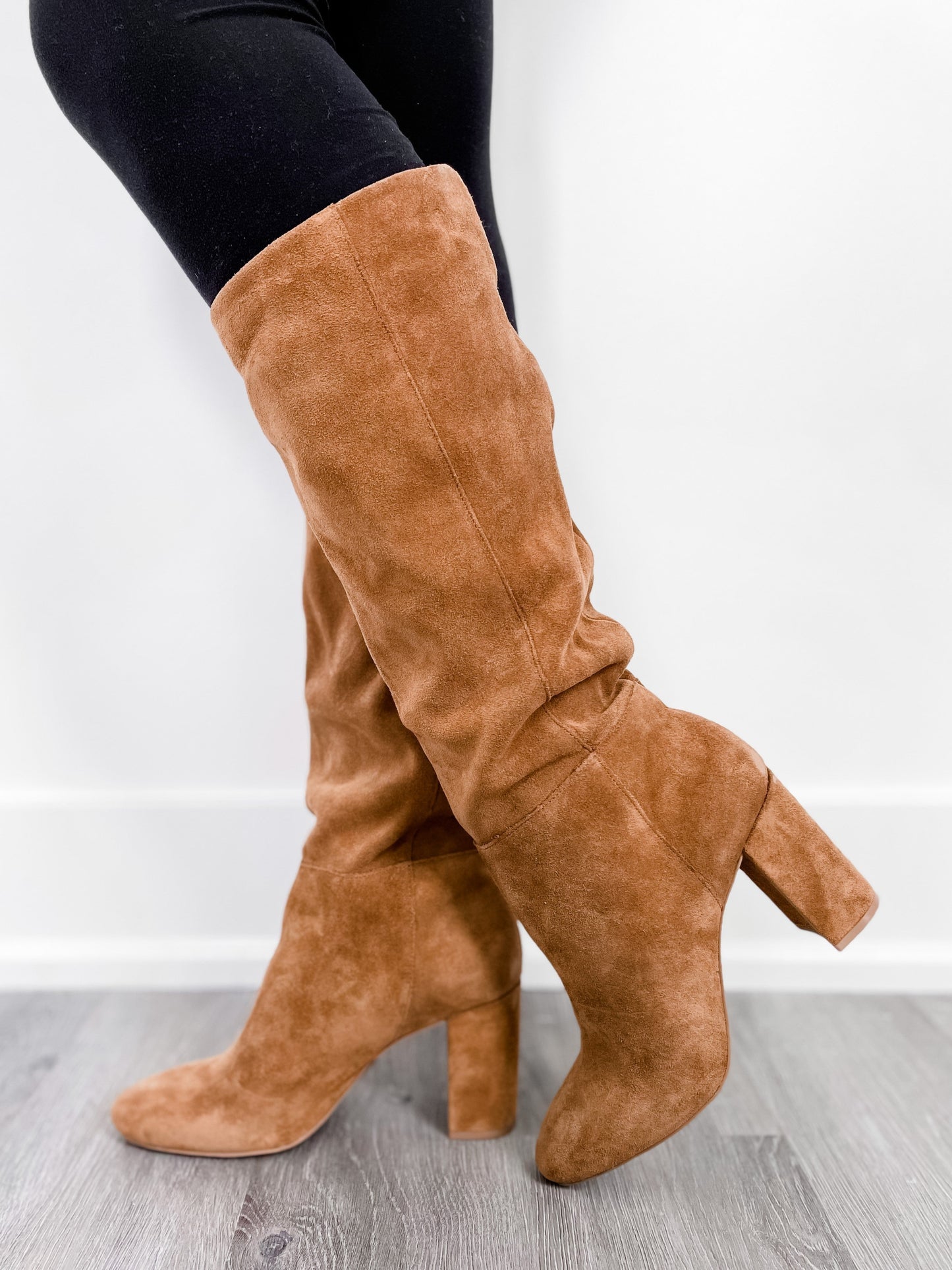 Honey Brown Vegan Suede High Heeled Pull On Boots