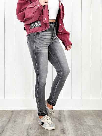 Judy Blue 50 Shades of Grey High Rise Grey Wash Tummy Control Skinny Jeans With Release  Hem