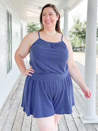 Plus/Reg Sleeveless Rib Knit Romper With Elastic Waist