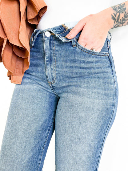 Risen Medium Wash Mid Rise Flap Straight Jeans