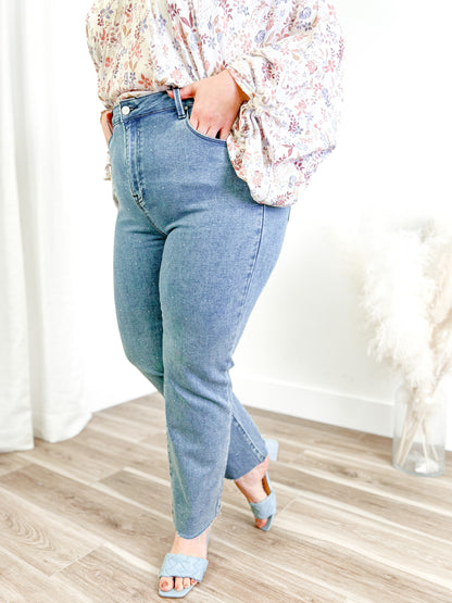 Risen Medium Wash High Rise Slim Straight Jeans With Rhinestones