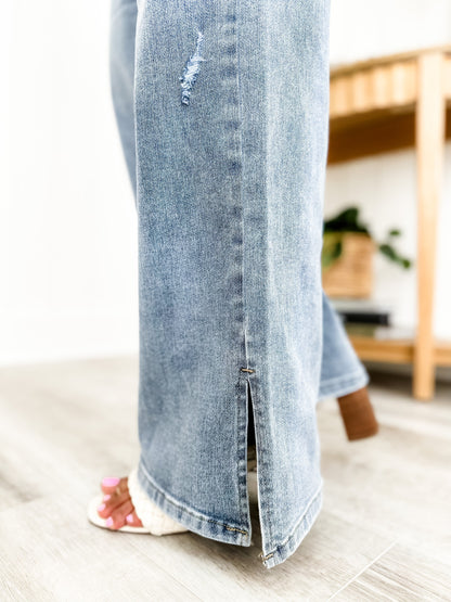 Risen Medium Wash Wide Leg Jeans with Side Slit