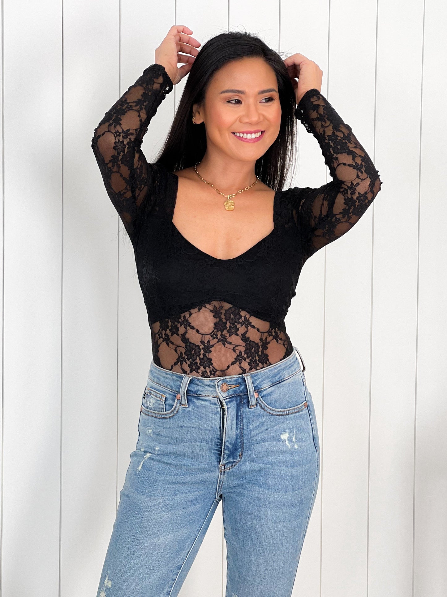 Black Floral Lace Long Sleeve Bodysuit