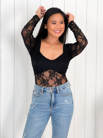 Black Floral Lace Long Sleeve Bodysuit