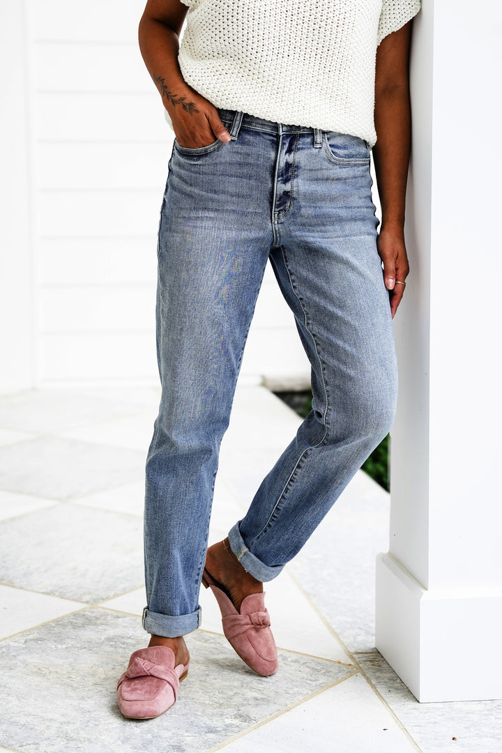 Judy Blue Work From Home Mid Rise Bleach Washed Boyfriends