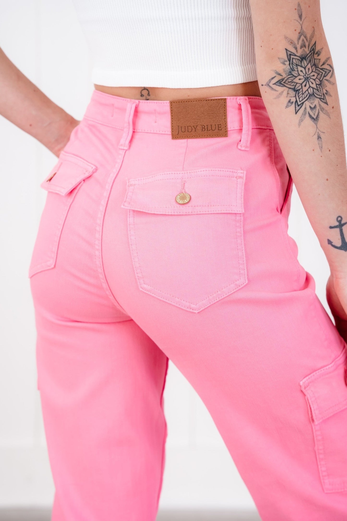 Judy Blue High Rise Pink Garment Dyed Cargo Straight Leg Jeans