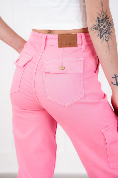 Judy Blue High Rise Pink Garment Dyed Cargo Straight Leg Jeans