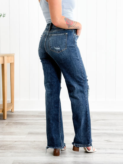 Judy Blue Jagged Little Pill High Rise Dark Wash 90's Destroyed Knee Straight Leg Jeans