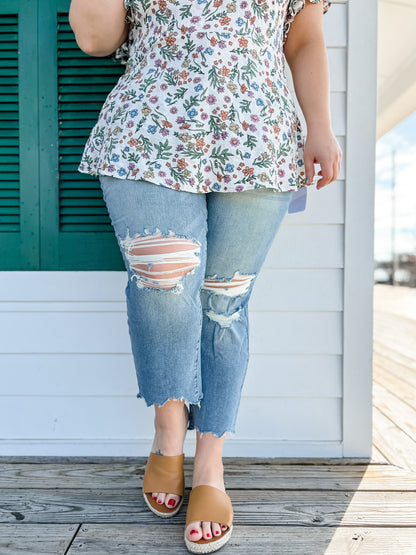Judy Blue  Look At Me Now Medium Wash Mid Rise Distressed Cropped Straight Leg Jeans