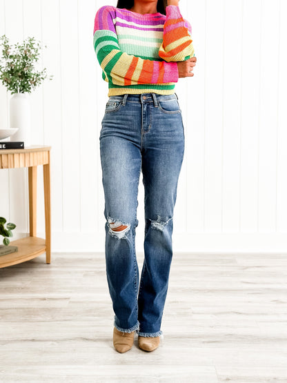 Judy Blue High Rise Medium Wash Destroyed Knee & Frayed Hem Straight Leg Jeans