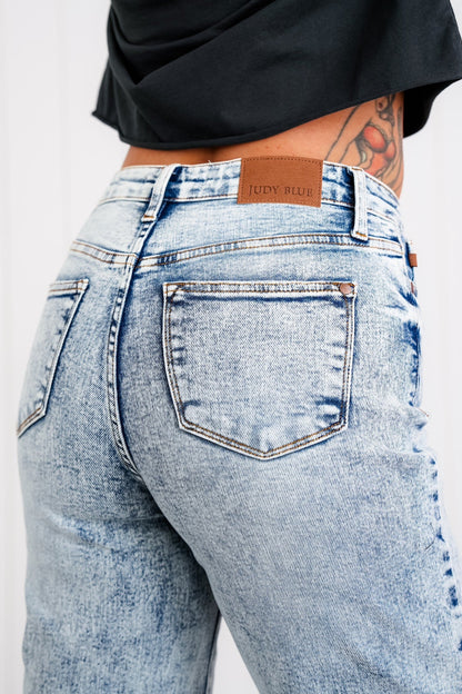 Judy Blue  Bad Blood High Rise Light Mineral Wash Raw Hem Wide Leg Jeans