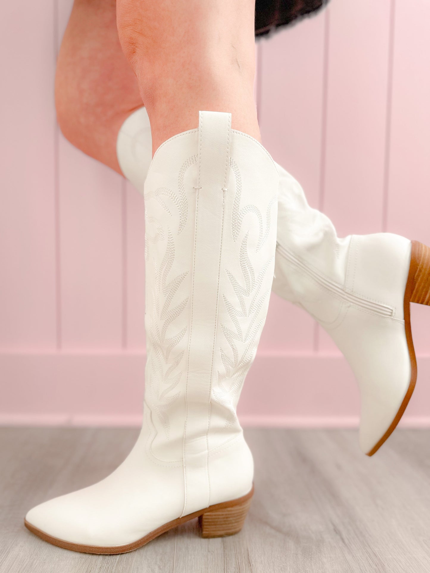 Western Inspired White Cowboy Boots w/ Side Zipper