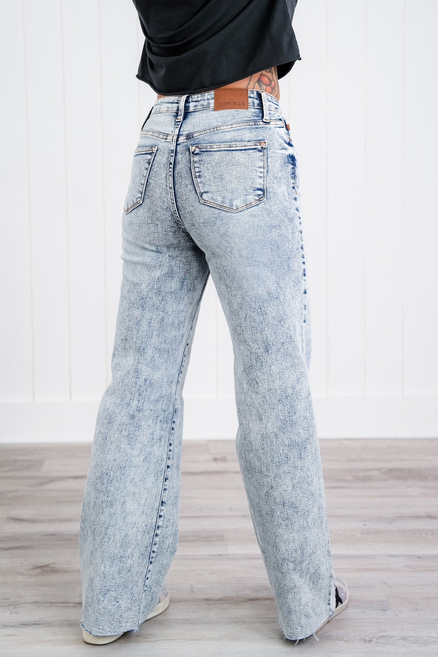 Judy Blue  Bad Blood High Rise Light Mineral Wash Raw Hem Wide Leg Jeans