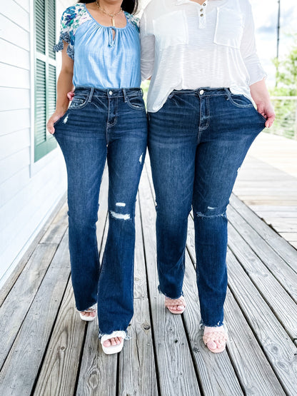 Plus/Reg Vervet High Rise Distressed Flare Jeans With Raw Hem