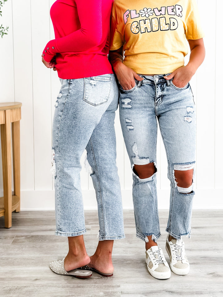 Lovervet It's a Date High Rise Light Wash Distressed Crop Straight Leg Jeans