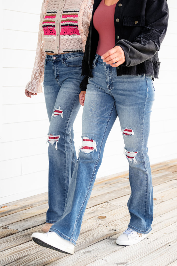 Judy Blue Plaid for You Mid Rise Medium Wash Bootcut Jeans With Patch Detail