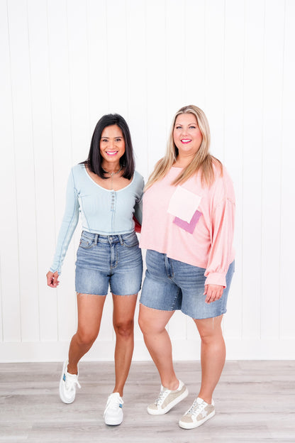 Judy Blue Friends Forever High Rise Light Wash Raw Hem Shorts