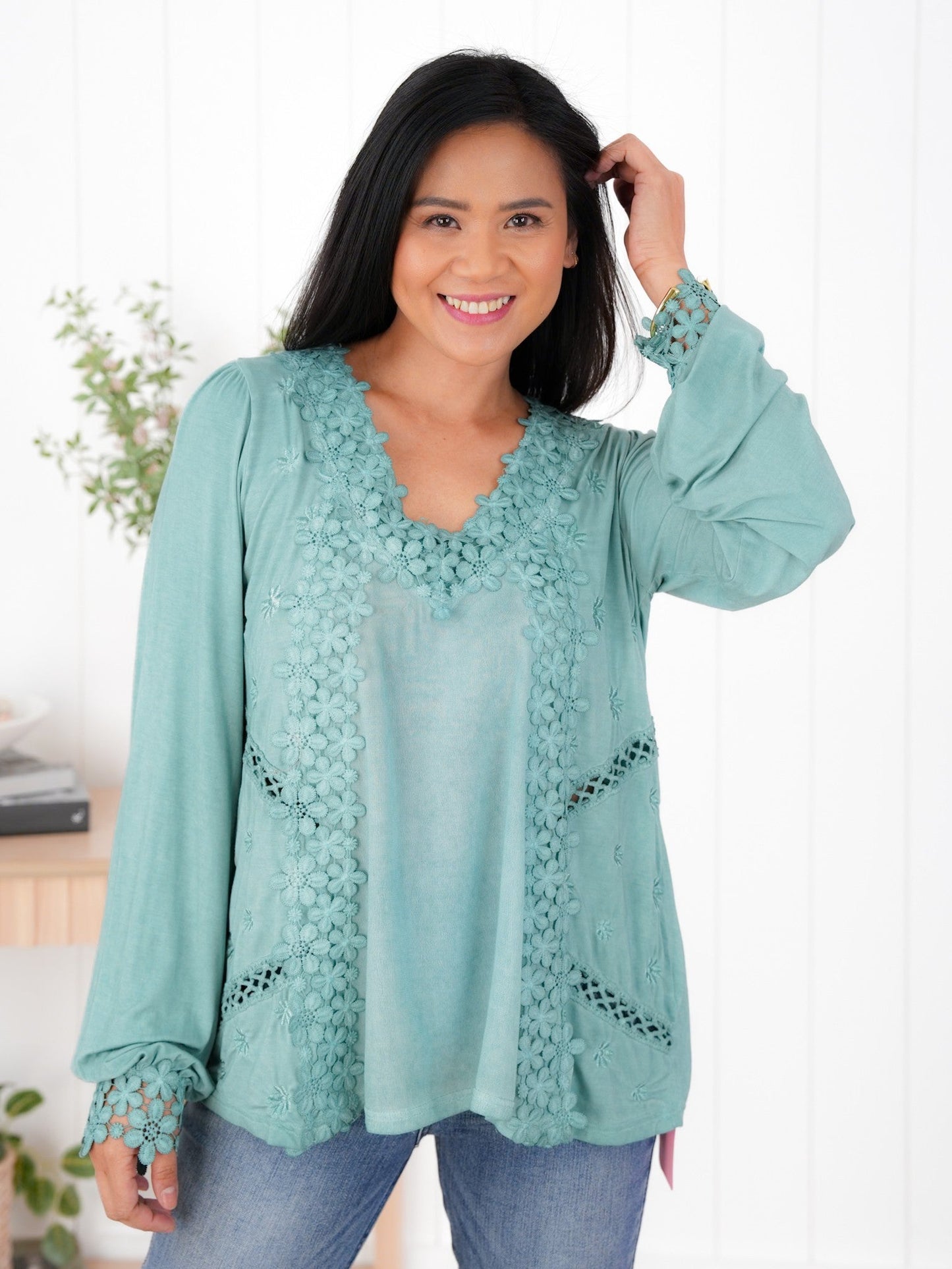 Restocks! POL Floral Embroidered Long Sleeve V-Neck Top (Multiple Colors)