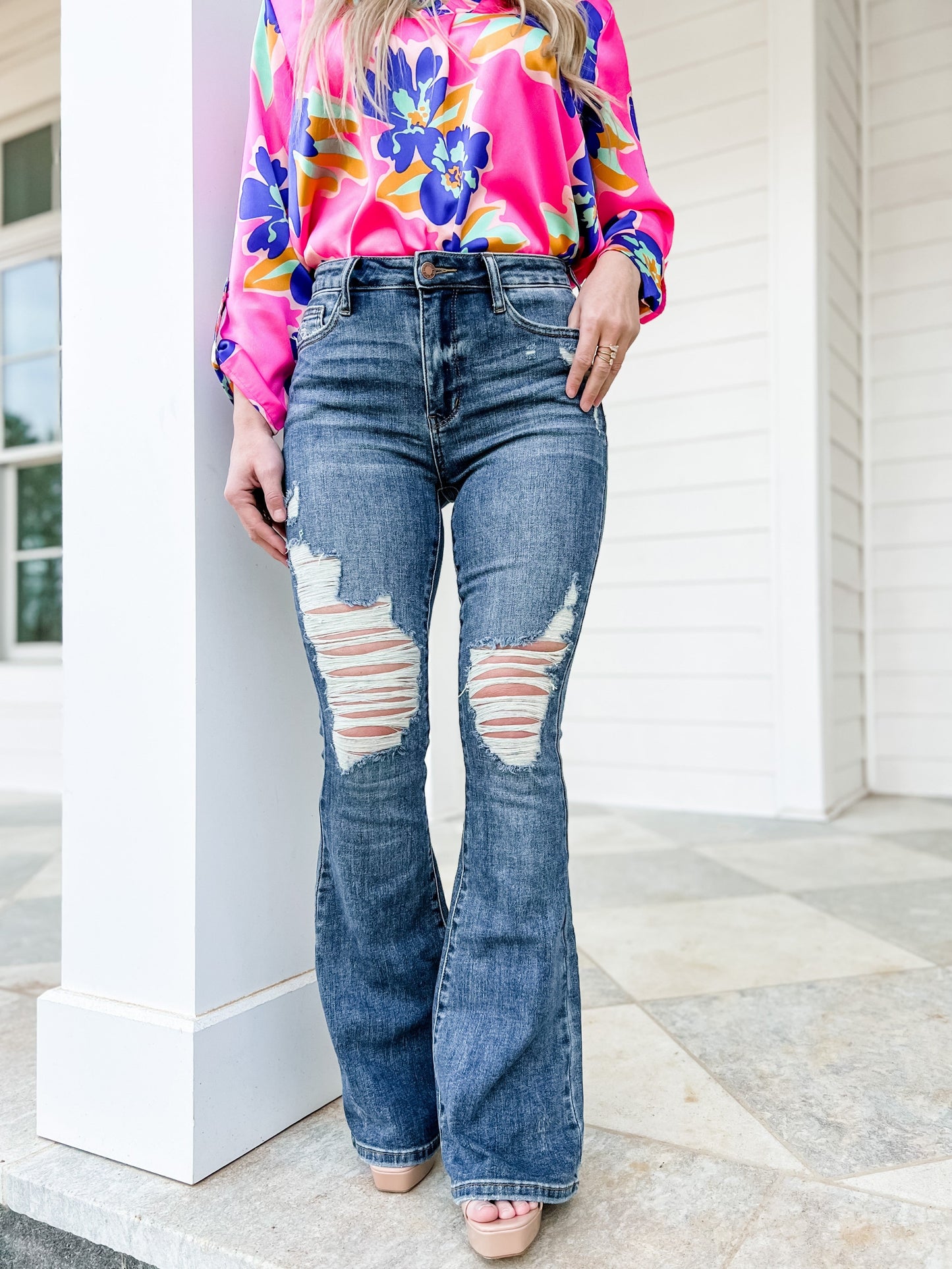 Judy Blue Country Roads Medium Wash Mid Rise Distressed Flare Long Inseam Jeans
