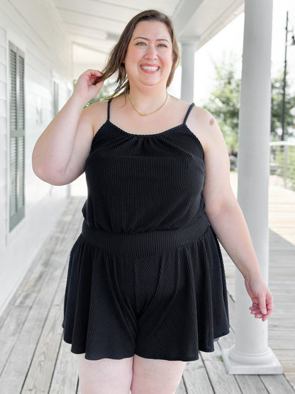 Plus/Reg Sleeveless Rib Knit Romper With Elastic Waist