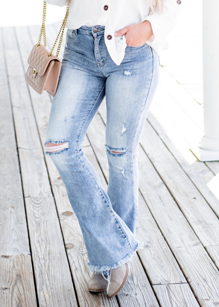 Risen With the Band High Rise Light Wash Distressed Flare Jeans