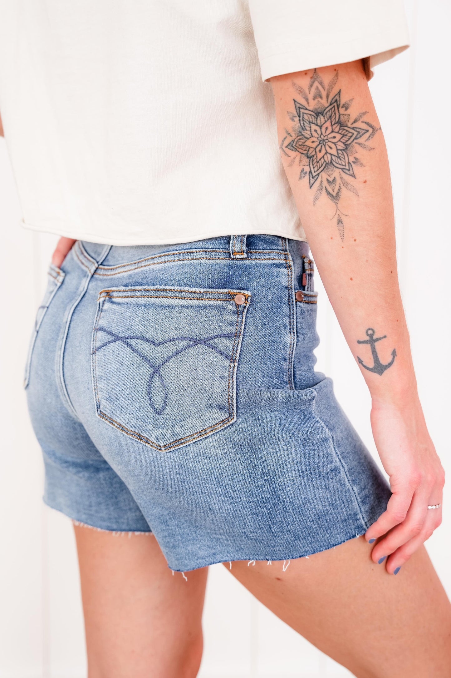 Judy Blue Friends Forever High Rise Light Wash Raw Hem Shorts
